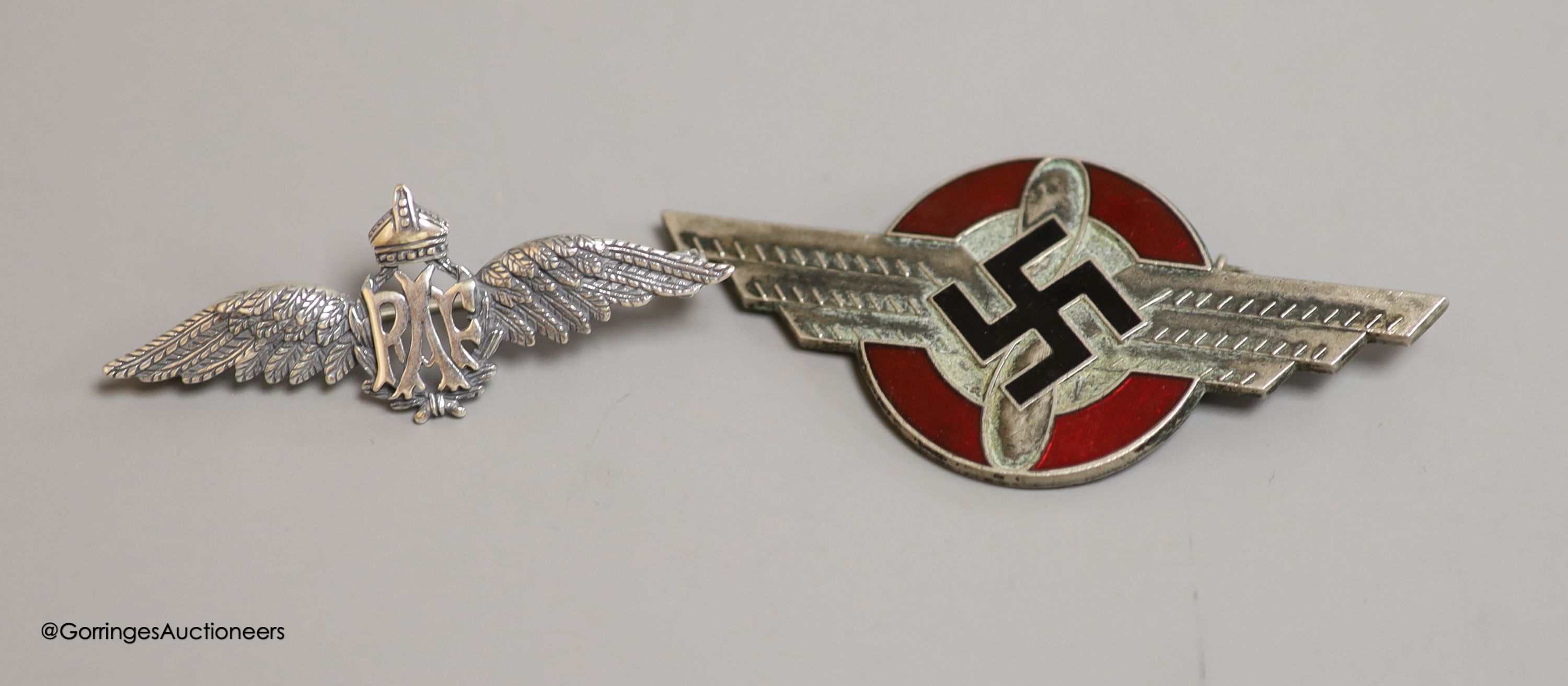 A Third Reich Luftwaffe silver and enamel badge and an RAF brooch